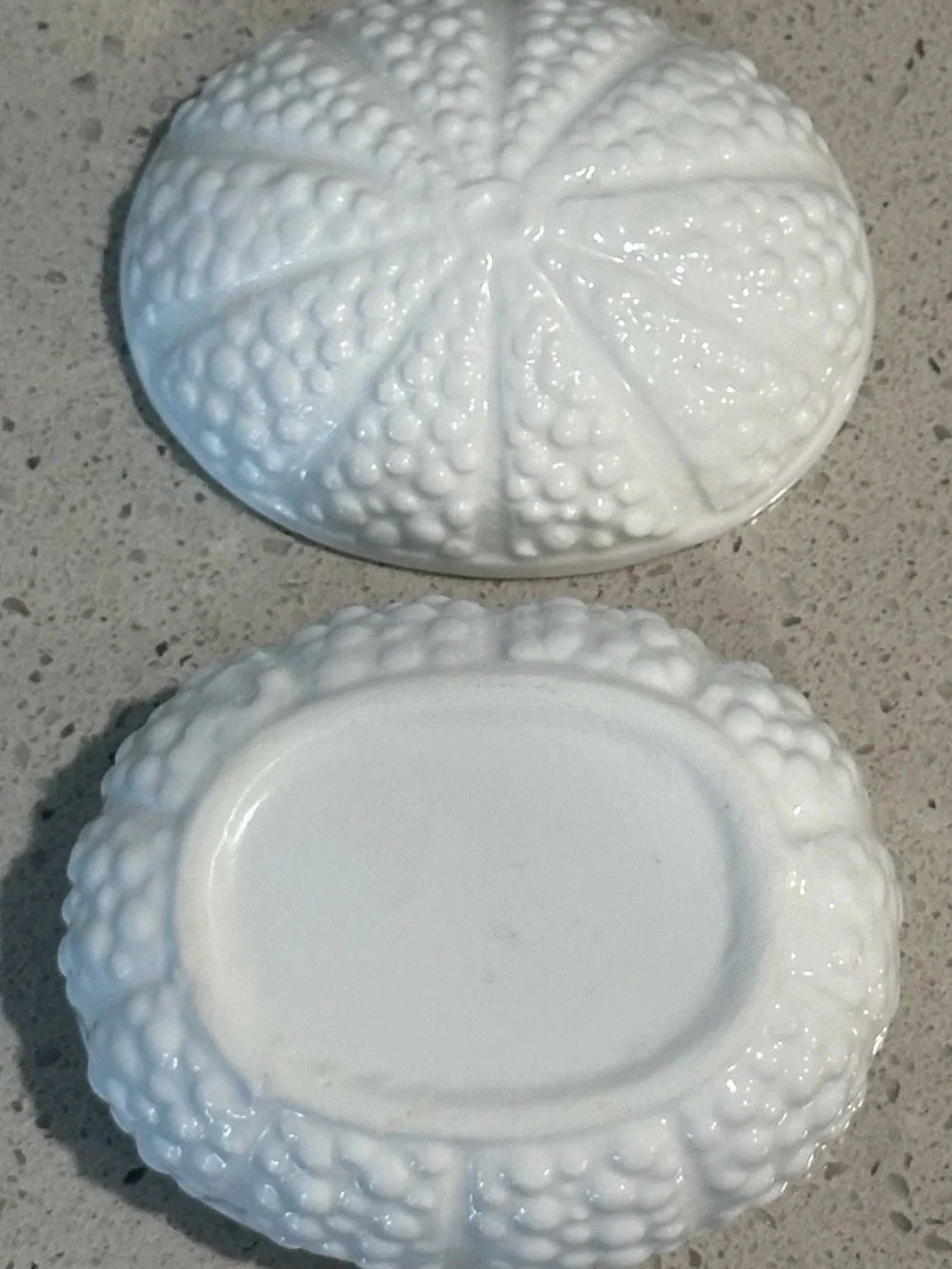 White Glass Covered Trinket Dish with Textured Sea Urchin Design